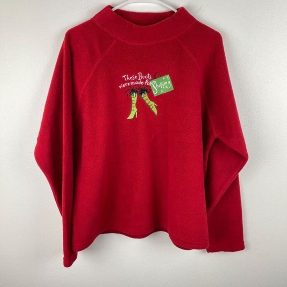 Embroidered 'Boots were made for Shopping' Fleece Sweater Womens L Red Mock Neck